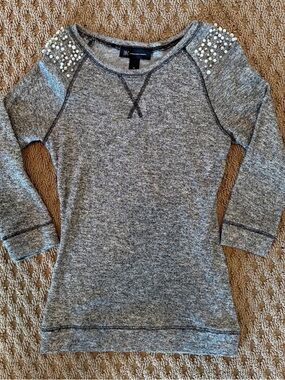 INC International Concepts Gray Embellished Shoulder Knit Top